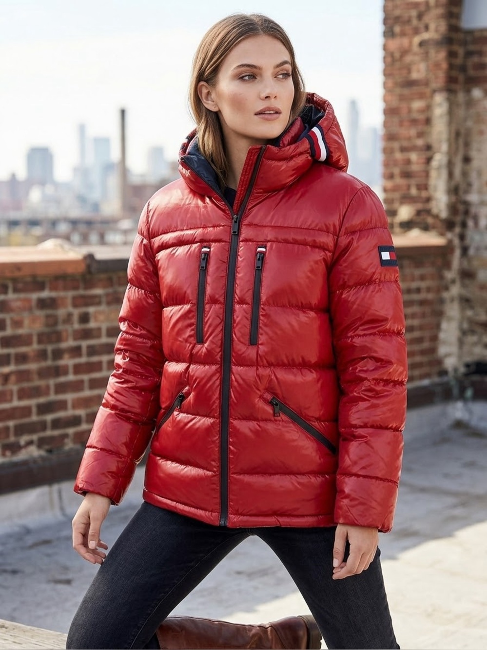 Tommy Hilfiger Red Quilted Puffer Jacket with Hood